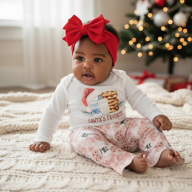 Santa's Favorite Christmas Milk and Cookies Bell Bottom Outfit for babies, festive holiday clothing for little ones.