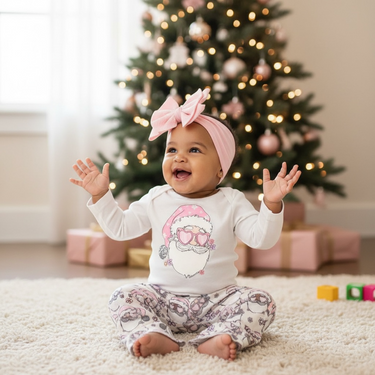 Disco Santa Christmas baby bell bottom outfit in a festive two-piece set for holiday celebrations.