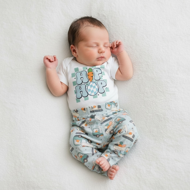 Construction Bunny Easter Joggers for babies - cute and comfy bottoms for springtime adventures.