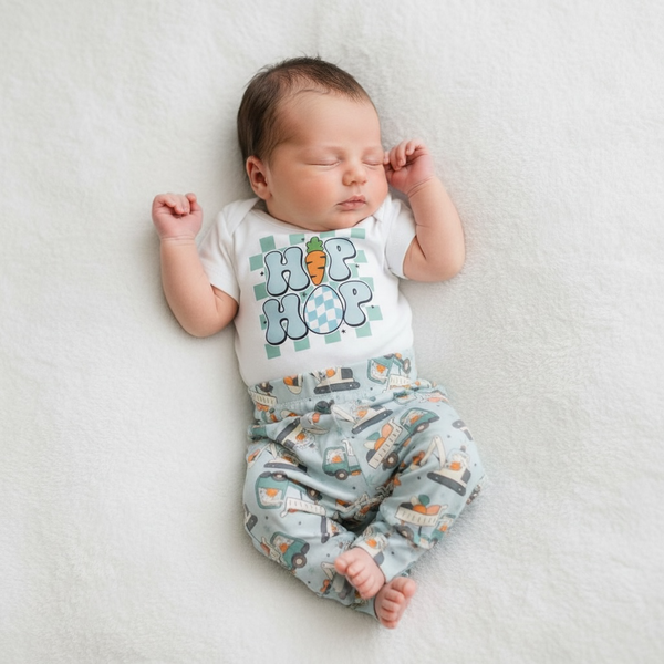 Construction Bunny Easter Joggers for babies - cute and comfy bottoms for springtime adventures.