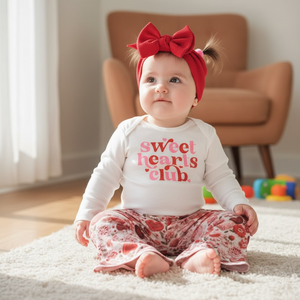 Sweet Hearts Club Valentine's Day heart bell bottom outfit for babies, featuring a cute two-piece set.