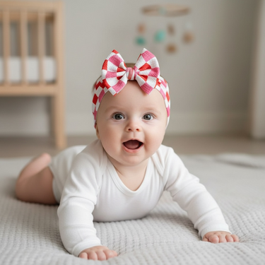 Valentine's Day wavey checker headwrap bow for babies, perfect accessory for hats, socks, and mittens.