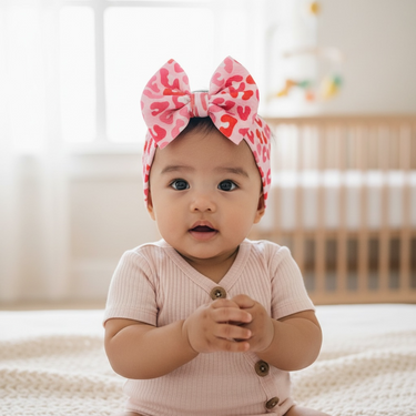 Valentine's Day Cheetah Headwrap Bow for babies - stylish and cute accessory for little ones.