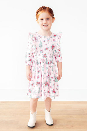 Pink Christmas 3/4 sleeve ruffle twirl dress for babies, featuring a festive design and playful twirl.