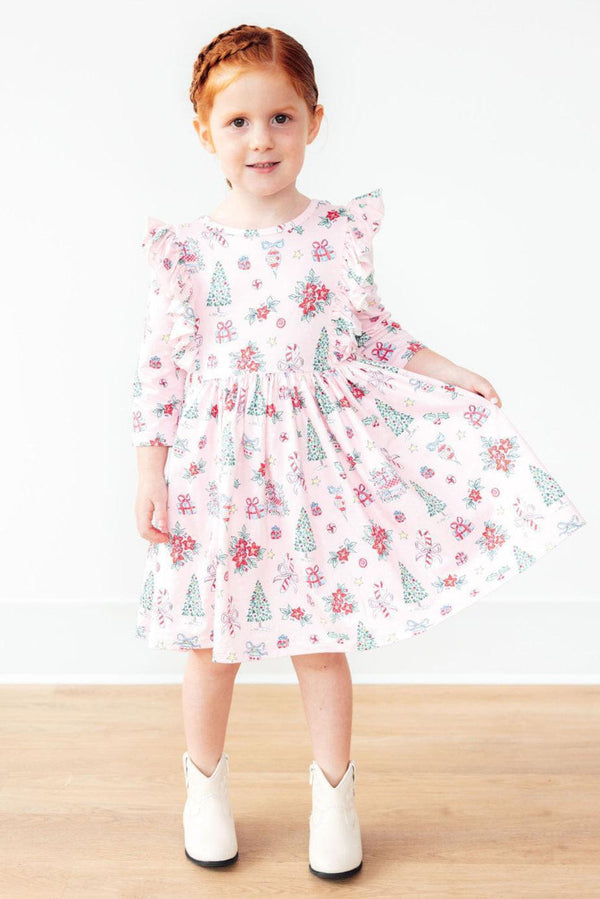 Pink Christmas 3/4 sleeve ruffle twirl dress for babies, showcasing a festive design at angle 7.