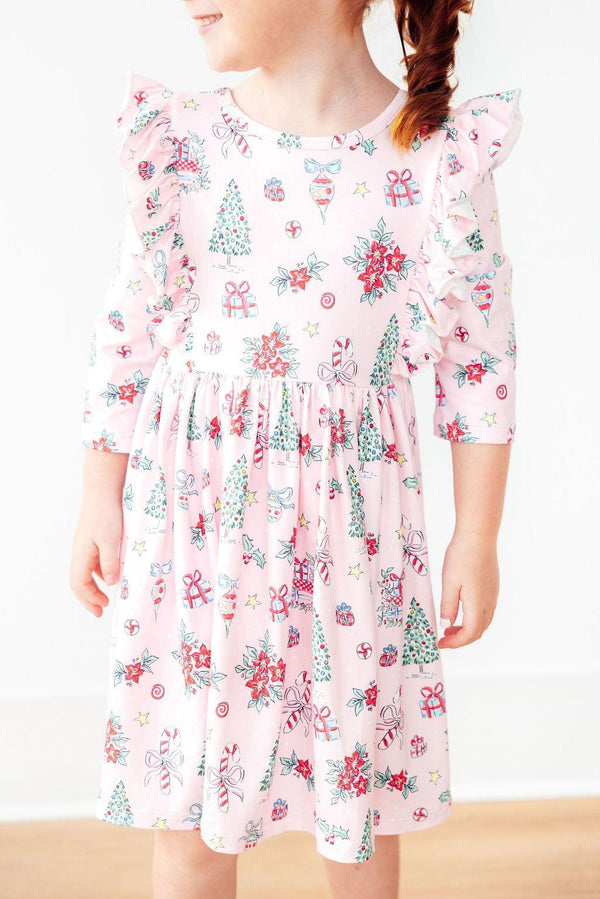 Pink Christmas 3/4 sleeve ruffle twirl dress for babies, featuring a festive design and playful twirl style.