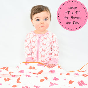 LollyBanks Muslin Baby Blanket, 100% Cotton Lightweight Baby Quilt, 47"x 47" and 6 Layers Newborn Blanket, (Pink Boot Print)