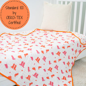 LollyBanks Muslin Baby Blanket, 100% Cotton Lightweight Baby Quilt, 47"x 47" and 6 Layers Newborn Blanket, (Pink Boot Print)