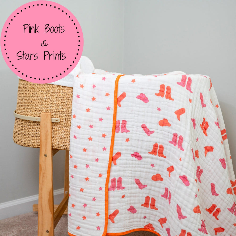 LollyBanks pink boot print muslin baby blanket, 100% cotton, lightweight, 47"x47", 6 layers, perfect for newborns.