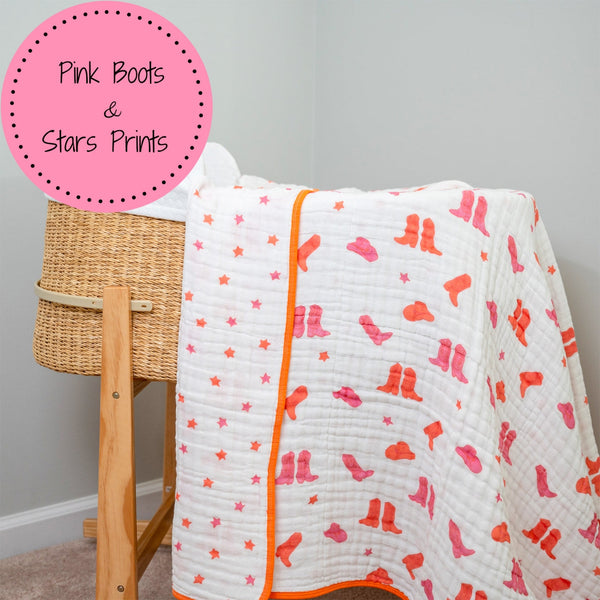 LollyBanks Muslin Baby Blanket, 100% Cotton Lightweight Baby Quilt, 47"x 47" and 6 Layers Newborn Blanket, (Pink Boot Print)