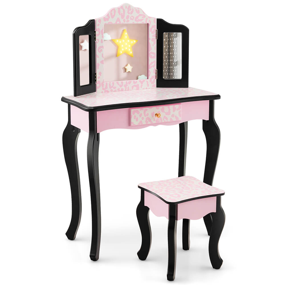 Kid Vanity Set with Tri-Folding Mirror in Pink Leopard Print - Perfect Toy for Creative Play and Imaginative Fun.