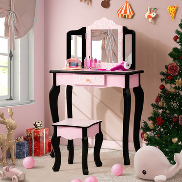 Kid Vanity Set with Tri-Folding Mirror in Pink Leopard Print - Perfect Toy for Creative Play and Imaginative Fun.