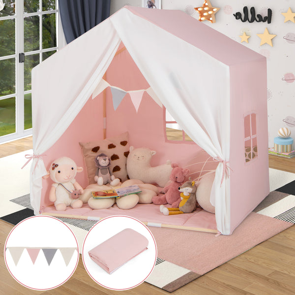 Kid's Play Tent with Washable Cotton Mat and Flag Banner for Kids