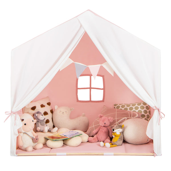 Kid's Play Tent with Washable Cotton Mat and Flag Banner for Kids