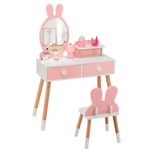 Kids vanity table and chair set with drawer shelf and rabbit mirror, perfect for playtime and sleepover fun.