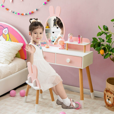 Kids vanity table and chair set with drawer shelf and rabbit mirror for stylish playtime and bedtime routines.