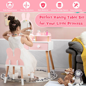 Kids vanity table and chair set with drawer shelf and rabbit mirror, perfect for playtime and sleep routines.