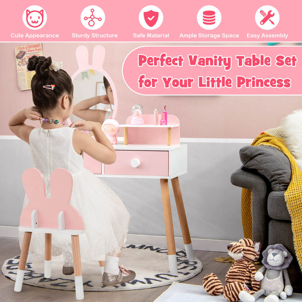 Kids vanity table and chair set with drawer shelf and rabbit mirror, perfect for playtime and sleep routines.