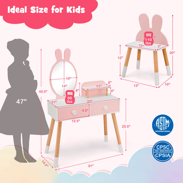Kids vanity table and chair set with drawer shelf and rabbit mirror, perfect for stylish playtime and sleep routines.