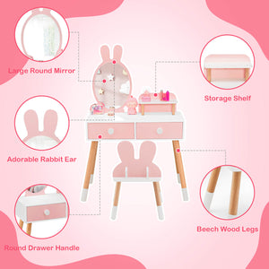 Kids vanity table and chair set with drawer shelf and rabbit mirror, perfect for playtime and bedroom decor.