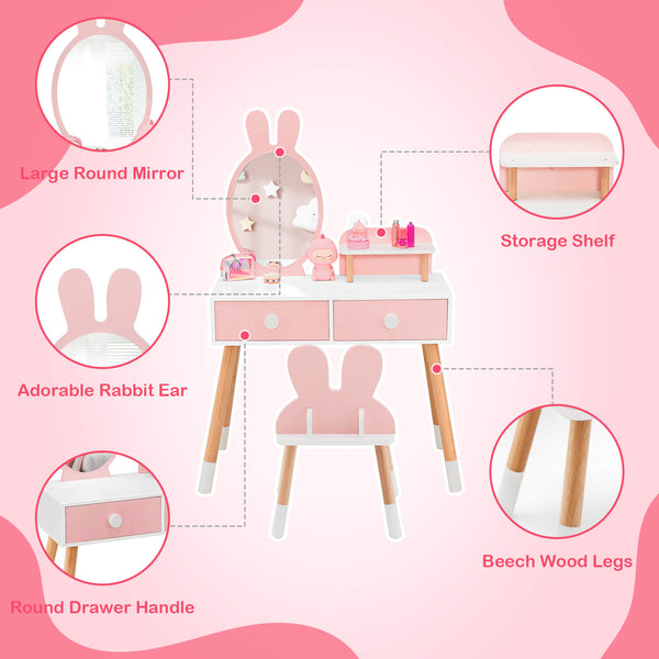 Kids vanity table and chair set with drawer shelf and rabbit mirror, perfect for playtime and bedroom decor.