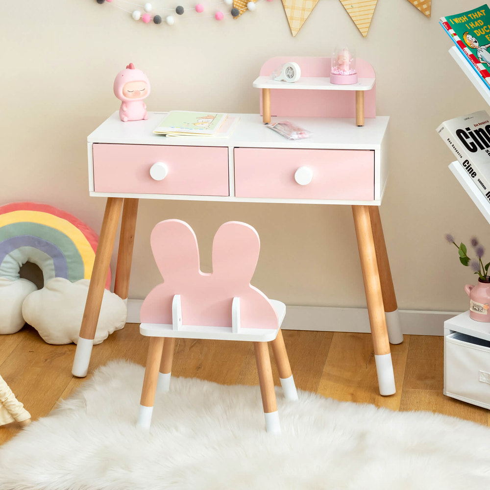 Kids vanity table and chair set with drawer shelf and rabbit mirror for stylish playtime and bedtime routines.