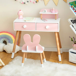Kids vanity table and chair set with drawer shelf and rabbit mirror, perfect for playful bedroom decor.