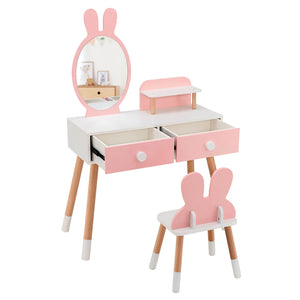 Kids vanity table and chair set with drawer shelf and rabbit mirror, perfect for playtime and sleep routines.