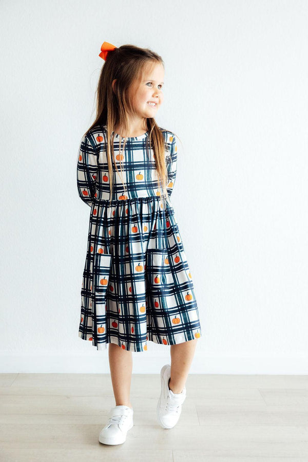 Mila & Rose Plaid Pumpkins Long Sleeve Pocket Twirl Dress