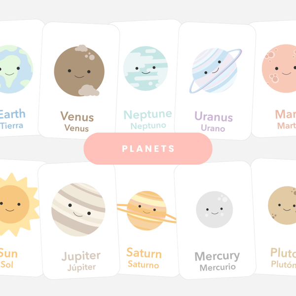 Colorful Planet Flashcards for nursery decor, featuring engaging designs to stimulate baby's learning and creativity.