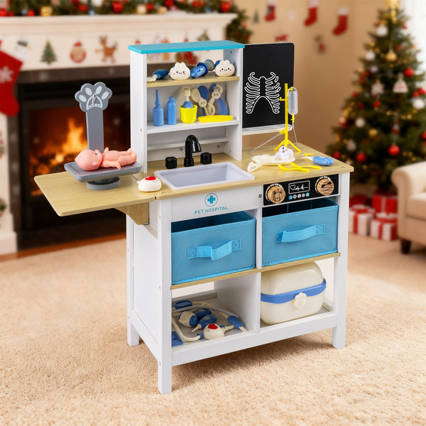 Play Doctor's Office Wood Medical Center Toy Set with Blackboard for Kids