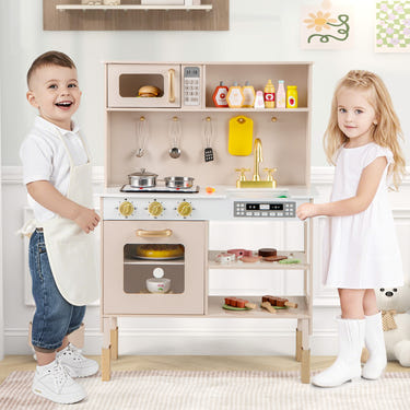 Play Kitchen Height Adjustable with Microwave and Lights and Sounds-Pink
