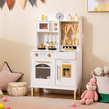 Play Kitchen for Kids Wooden Chef Pretend Playset with 3 Adjustable Heights Microwave