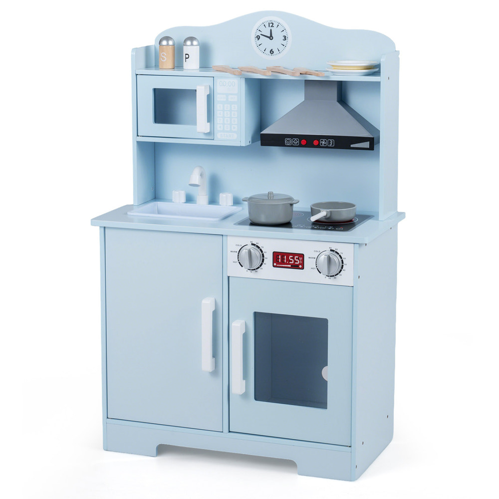 Play Kitchen for Kids Wooden Playset with Range Hood and Microwave