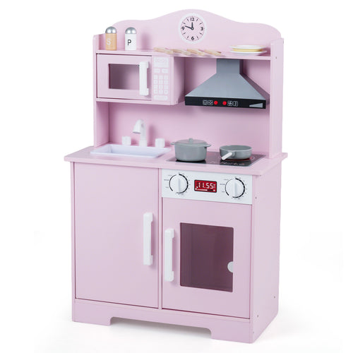 Play Kitchen for Kids Wooden Playset with Range Hood and Microwave