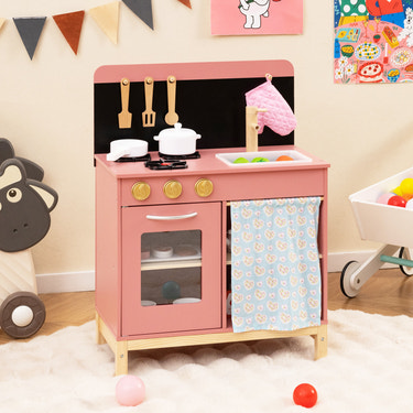 Play Kitchen for Kids Wooden Kitchen Playset with Door Curtain