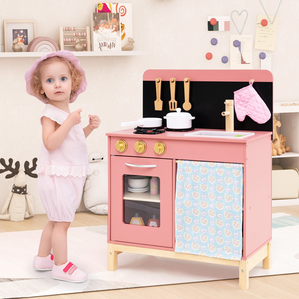 Play Kitchen for Kids Wooden Kitchen Playset with Door Curtain