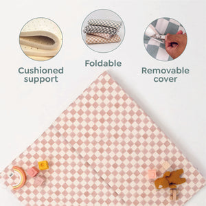 Checker Toffee Organic Cotton Mat for babies, soft play surface, angle view, perfect for safe and stylish playtime.