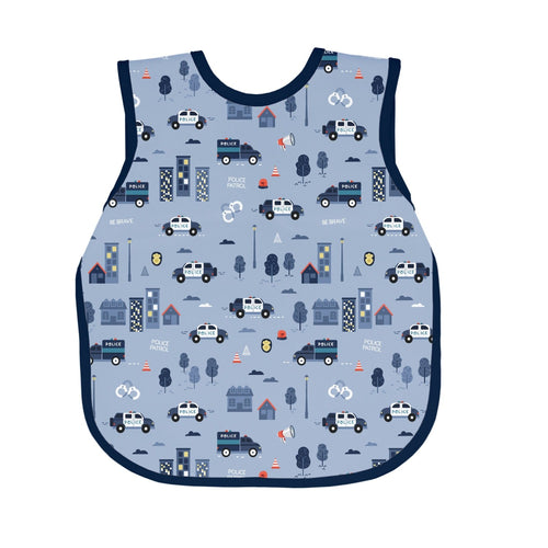 "Be Brave Police Patrol Bapron for babies, angle view showcasing fun design and practical features."