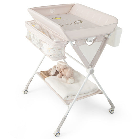 Portable beige baby changing table with 3-level adjustable height for convenient diaper changes.