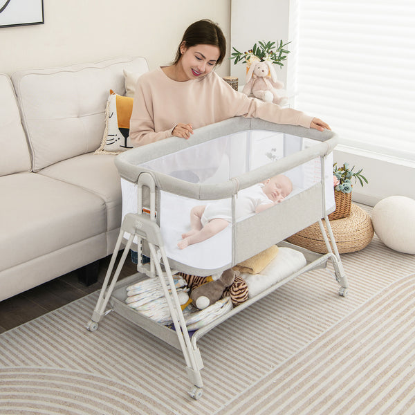 Portable bedside sleeper for baby with 7 adjustable heights, perfect for safe and convenient sleep. Angle 5 view.