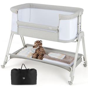 Portable bedside sleeper for baby with 7 adjustable heights, shown at angle 8 for optimal viewing.