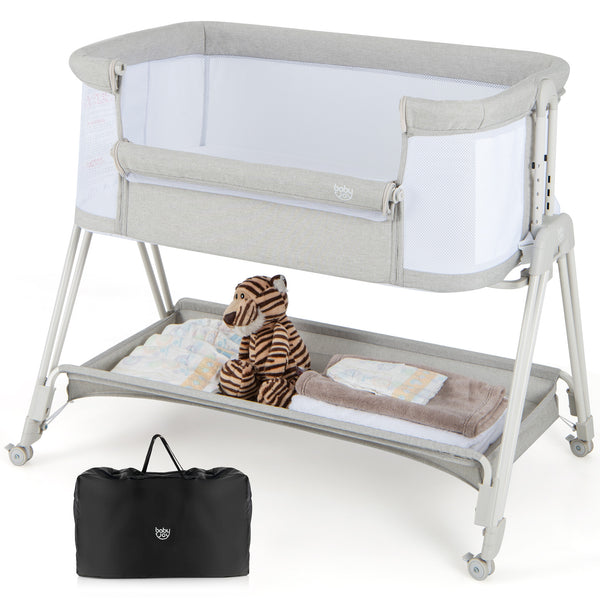 Portable bedside sleeper for baby with 7 adjustable heights, shown at angle 8 for optimal viewing.
