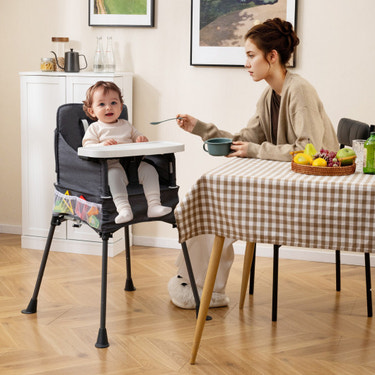 Portable High Chair for Travel Foldable with Adjustable Tray and Mesh Pockets-Gray