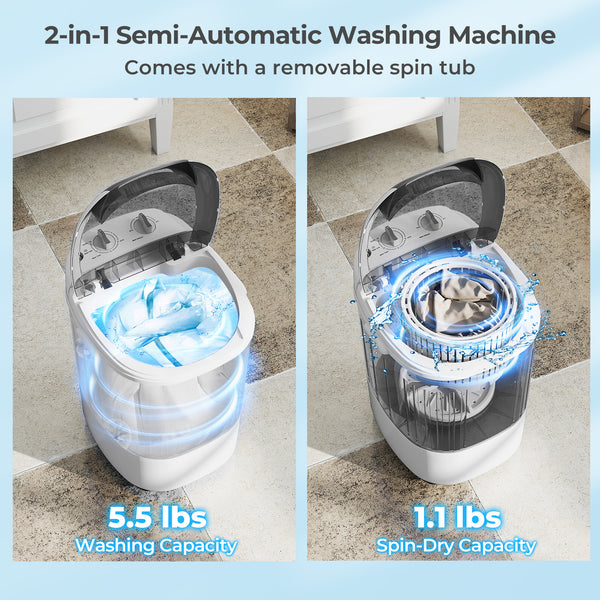 Portable Mini Semi-automatic Washing Machine with Spin Tub and Drain Hose 2.5 kg Capacity