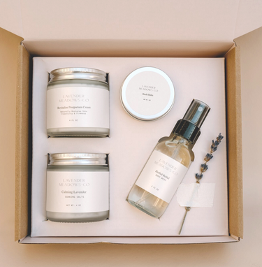 "Postpartum care package gift set for new moms, featuring essential recovery items and soothing products."