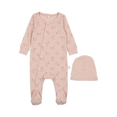 Dusty pink star print footie for babies, perfect for sleep and cozy bedding.