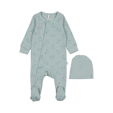 Ice blue star print footie for babies, perfect for cozy sleep and bedding.