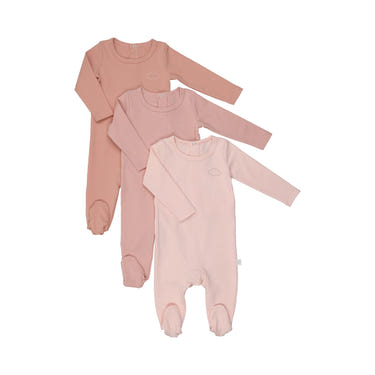 3 Pack of pink baby footies, cozy zip pajamas for infants, perfect for comfort and style.