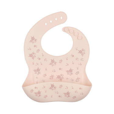Floral pink silicone bib for babies, perfect for mealtime messes and easy cleaning.